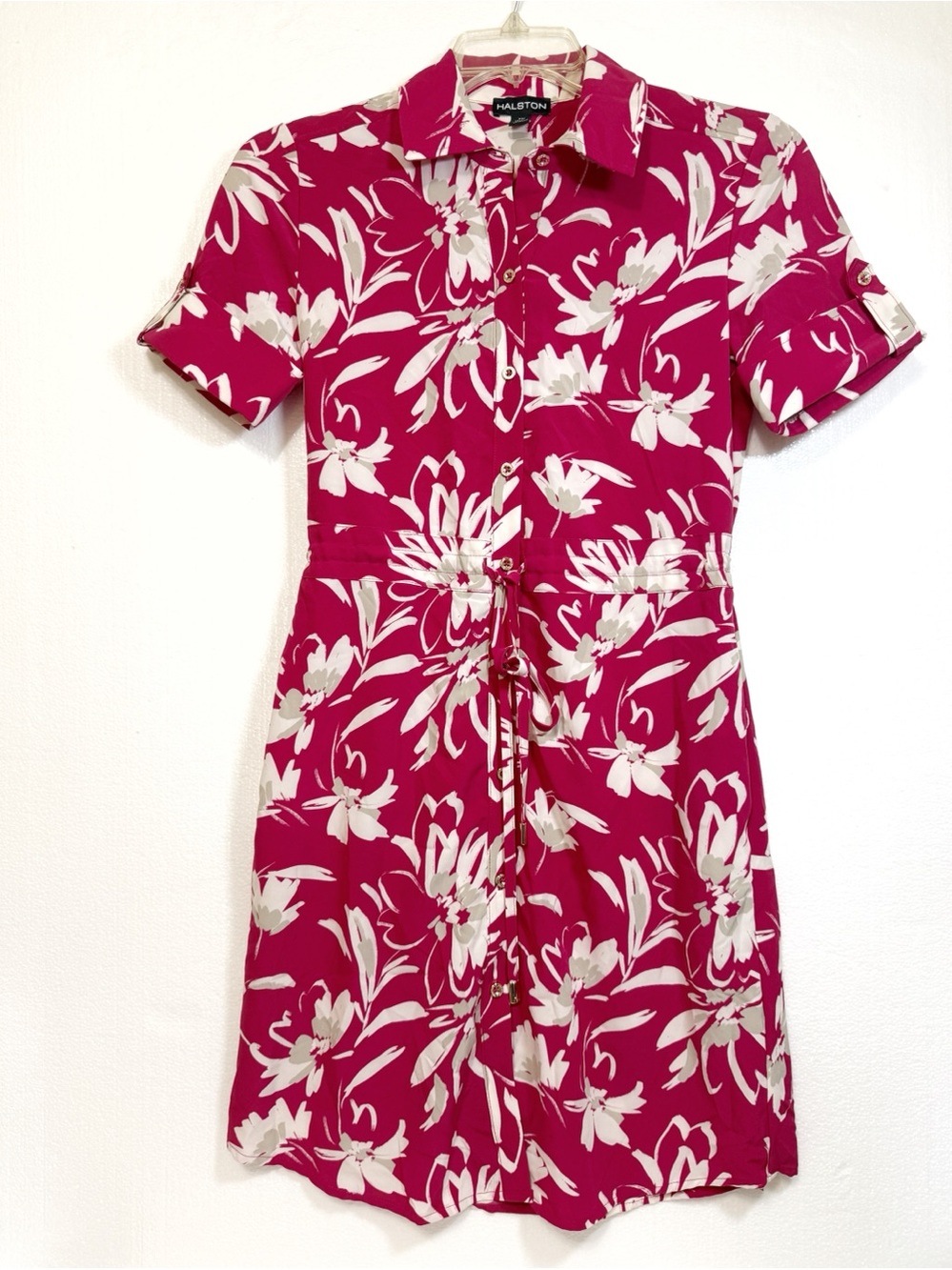 Halston Women's Floral Button Front‎ Drawstring Waist Shirt Dress